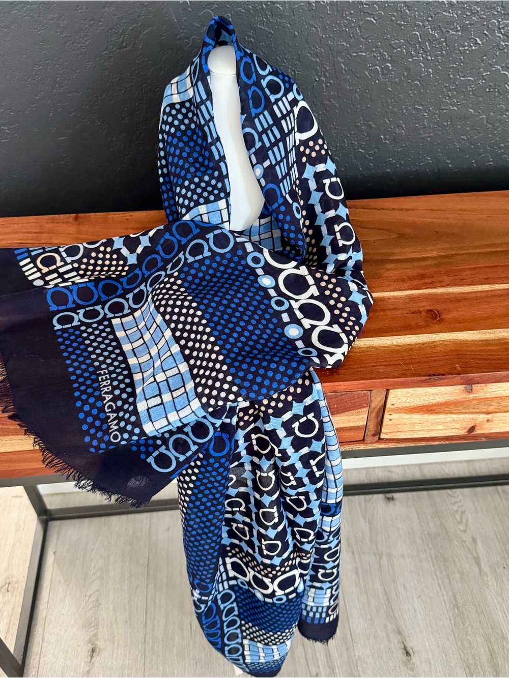 Salvatore Ferragamo 26”/76” Long Shawl Stole Scarf St Newklt Blue Marine Wrap